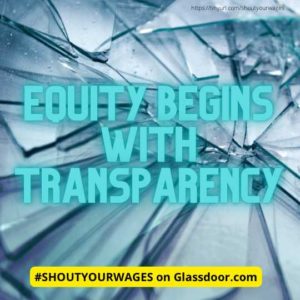 Image: shattered glass with the words “Equity Begins with Transparency, shout your wages on Glassdoor.com” The Theatre Transparency Initiative is a joint venture with LaBricoleuse and Costume Professionals for Wage Equity. http://tinyurl.com/shoutyourwages
