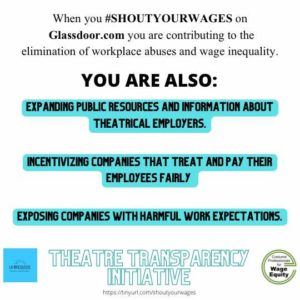 When you shout your wages on Glassdoor.com you are contributing to the elimination of workplace abuses and wage inequality. You are also: expanding public resources and information about theatrical employers, incentivizing companies that treat and pay their employees fairly, and exposing companies with harmful work expectations. Image: white background with words in black lettering, some highlighted in teal. The Theatre Transparency Initiative is a joint venture with LaBricoleuse and Costume Professionals for Wage Equity.